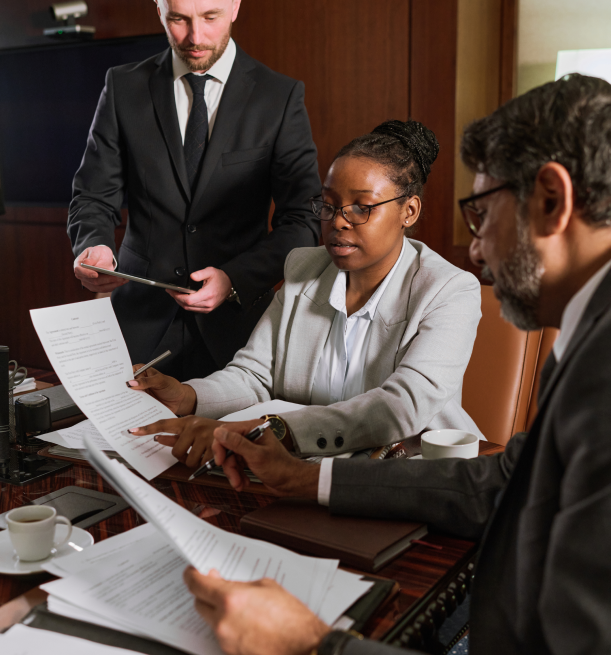 an attorney discussing details within a contract with their male client